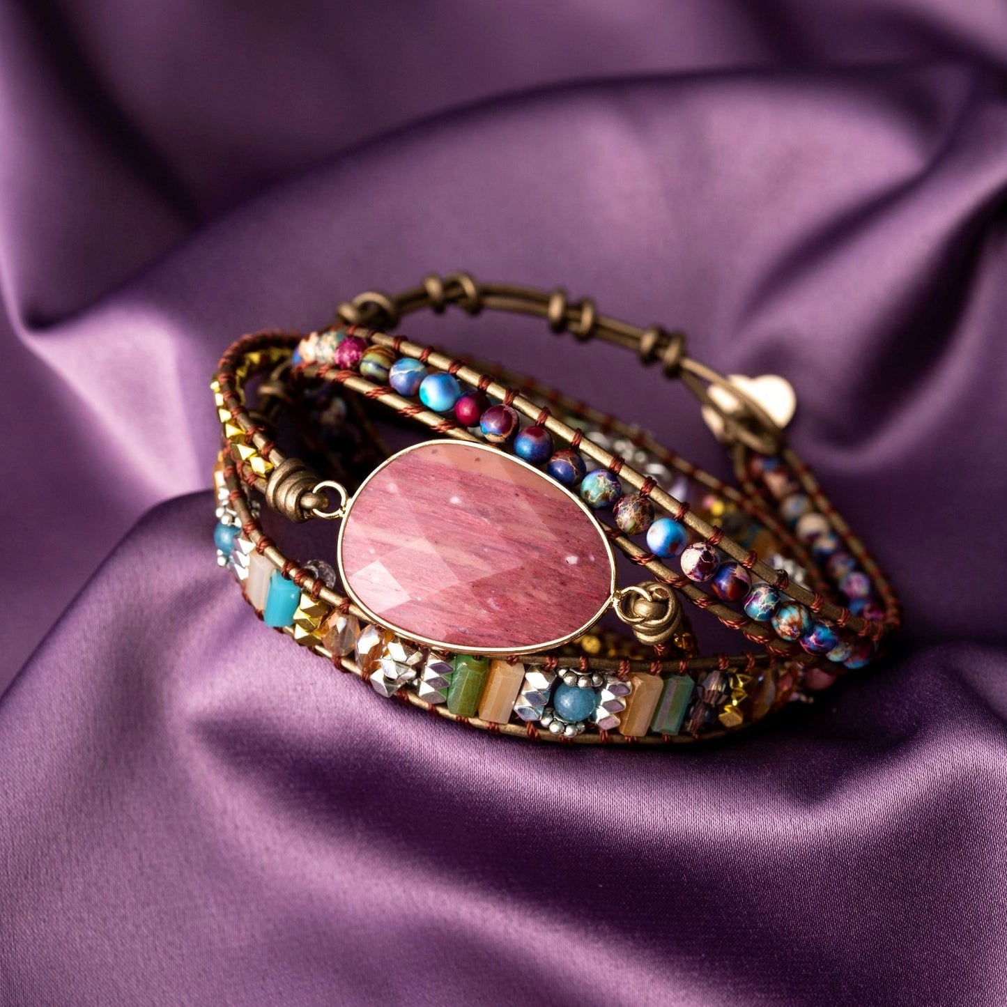 Wickelarmband Balance - Rhodonit & Jaspis - Leder - Selbstliebe