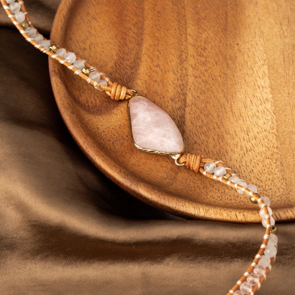 Wickelarmband Rosenquarz - Rosa - Lebensbaum - Leder
