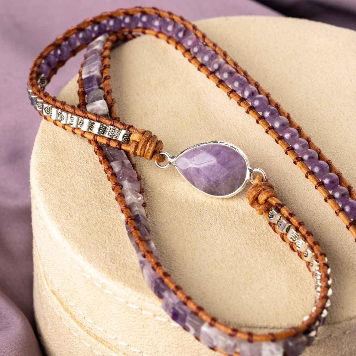 Wickelarmband Amethyst - Violett - Lebensbaum - Leder