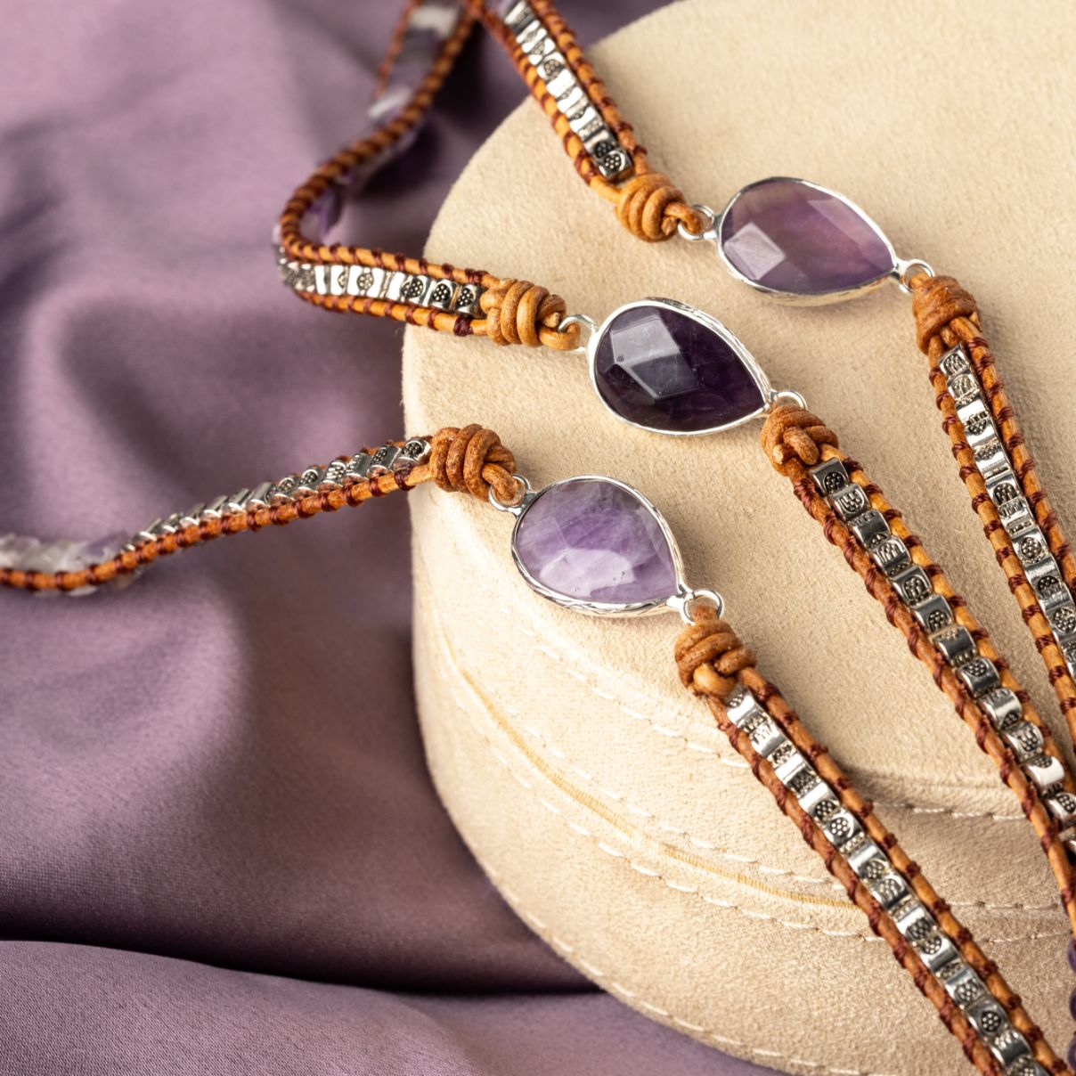 Wickelarmband Amethyst - Violett - Lebensbaum - Leder