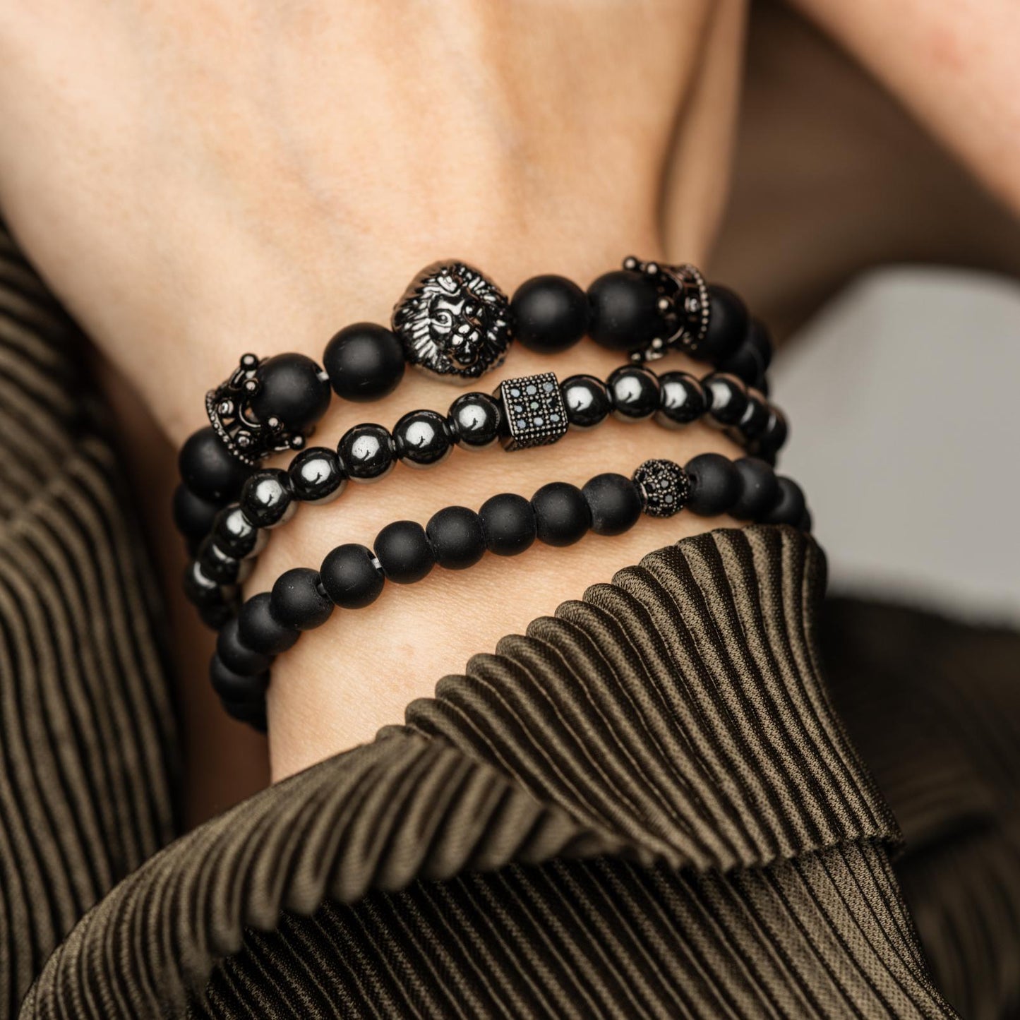 3er-Set – Balance-Armbänder – Onyx und Hämatit – Löwe