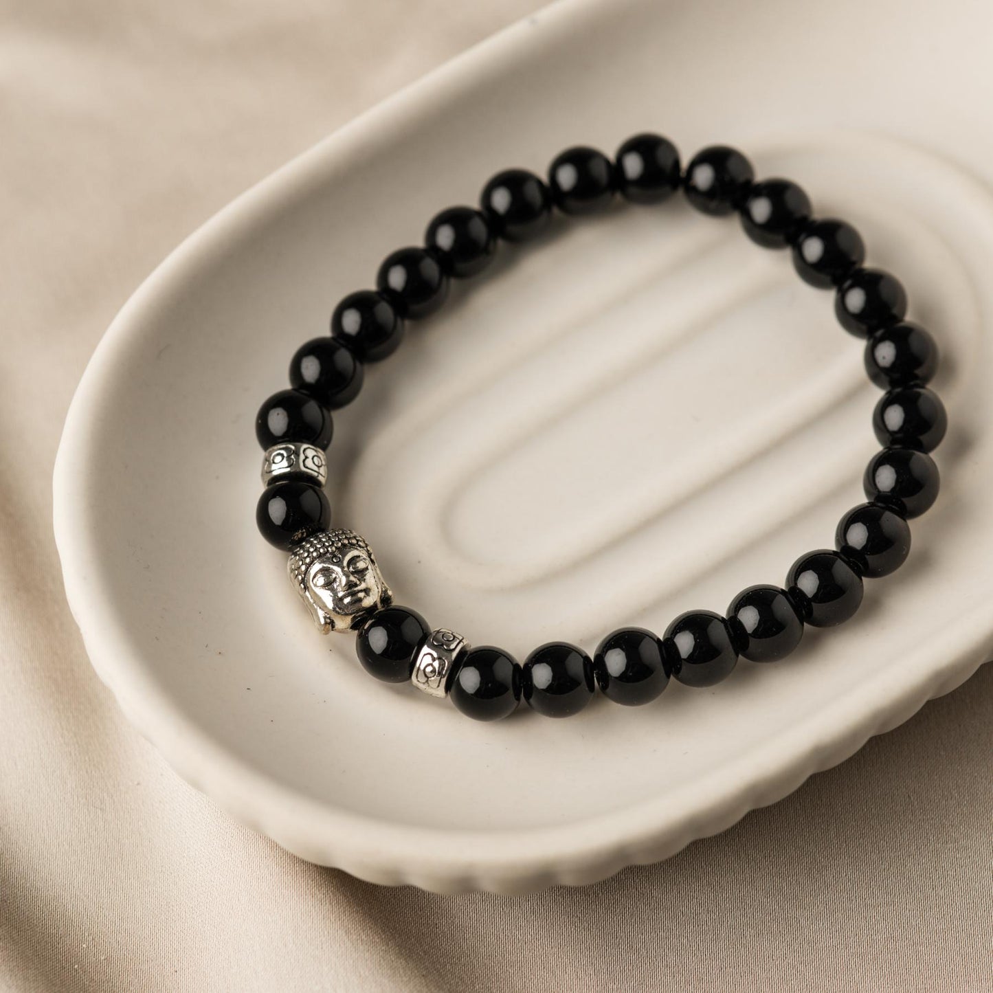 Buddha-Armband – Onyx-Edelsteine – silberfarben – Anti-Stress