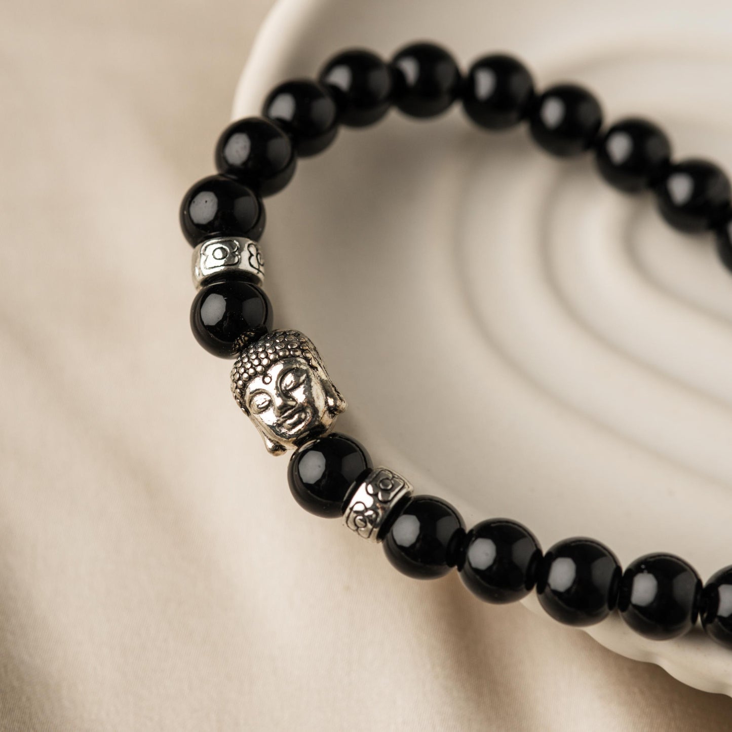 Buddha-Armband – Onyx-Edelsteine – silberfarben – Anti-Stress