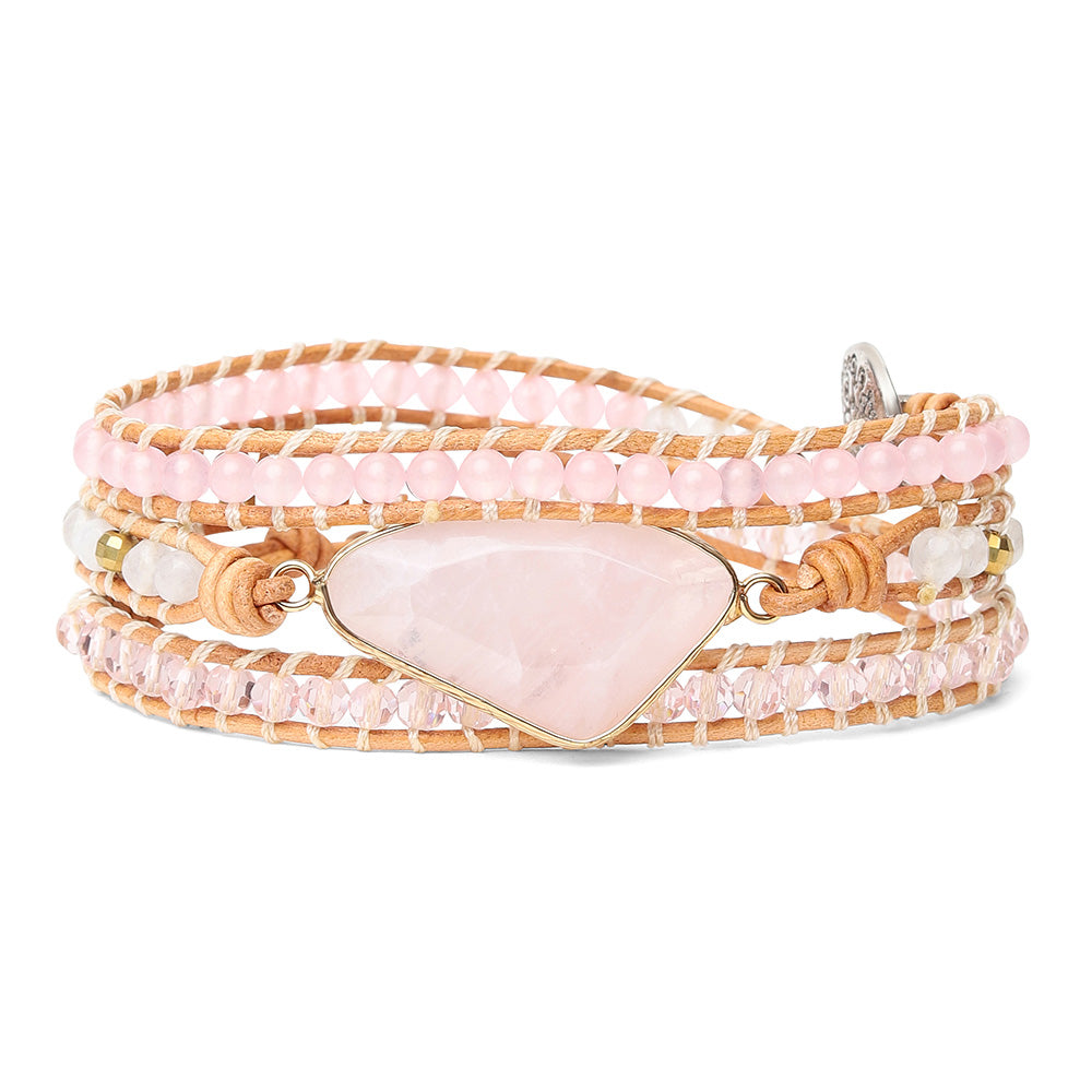 Wickelarmband Rosenquarz - Rosa - Lebensbaum - Leder