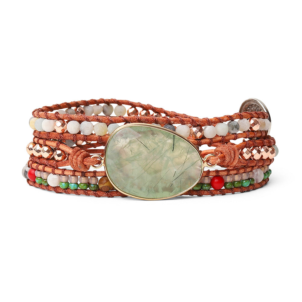 Prehnit Wickelarmband – Leder & Achat – Verstellbar