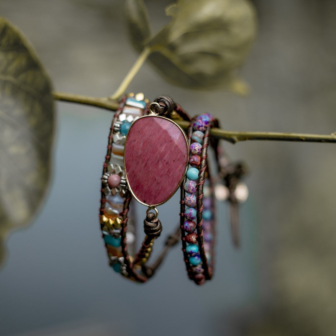 Wickelarmband Balance - Rhodonit & Jaspis - Leder - Selbstliebe