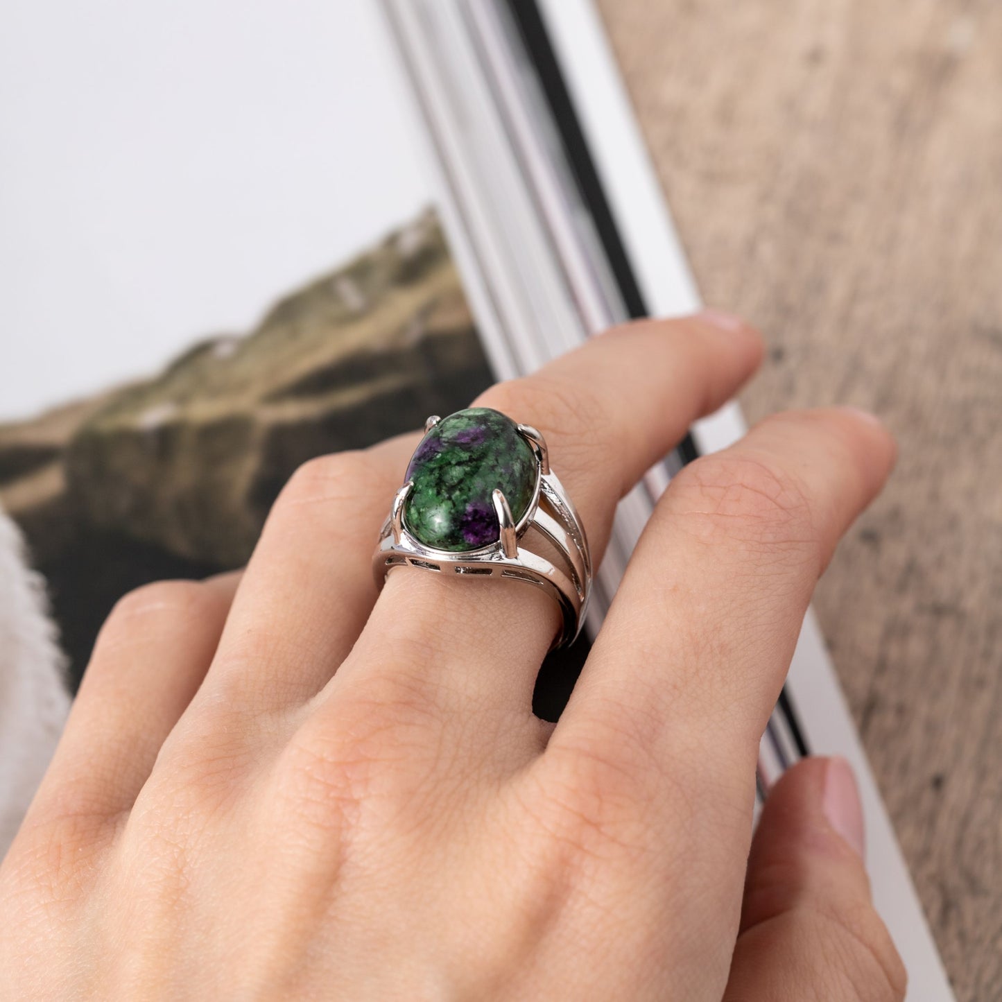 Zoisit-Rubin-Ring – Cabochon-Set – Edelstein-Ring – Willenskraft