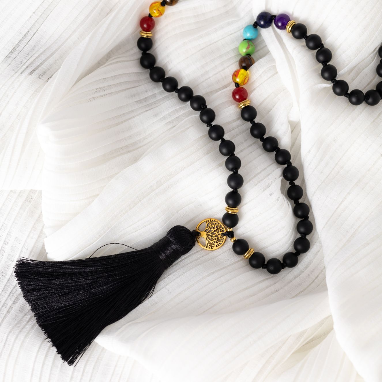Chakra Mala – Mattierter Onyx – Baum des Lebens Quaste – Balance