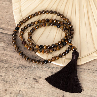 Tibetische Mala-Halskette – Tigerauge und Onyx – Quaste