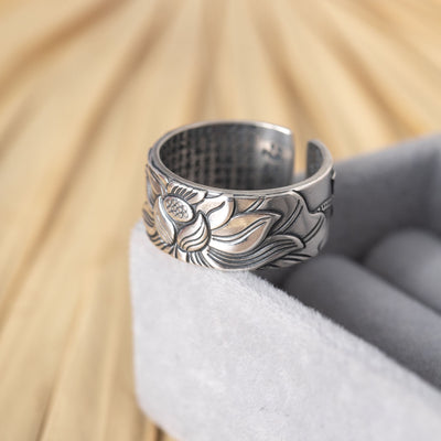 Silberner offener Lotusring – 999er Sterlingsilber – antik plattiert – verstellbar