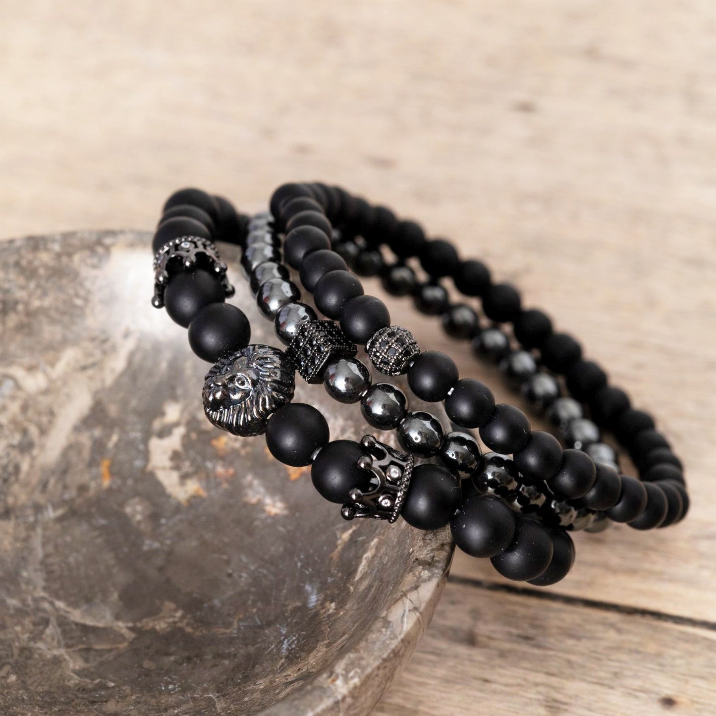 3er-Set – Balance-Armbänder – Onyx und Hämatit – Löwe
