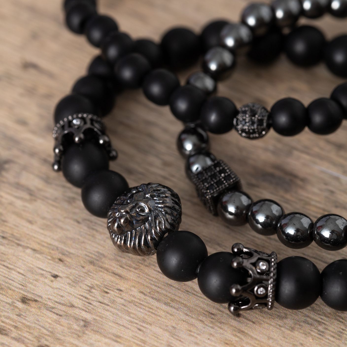 3er-Set – Balance-Armbänder – Onyx und Hämatit – Löwe