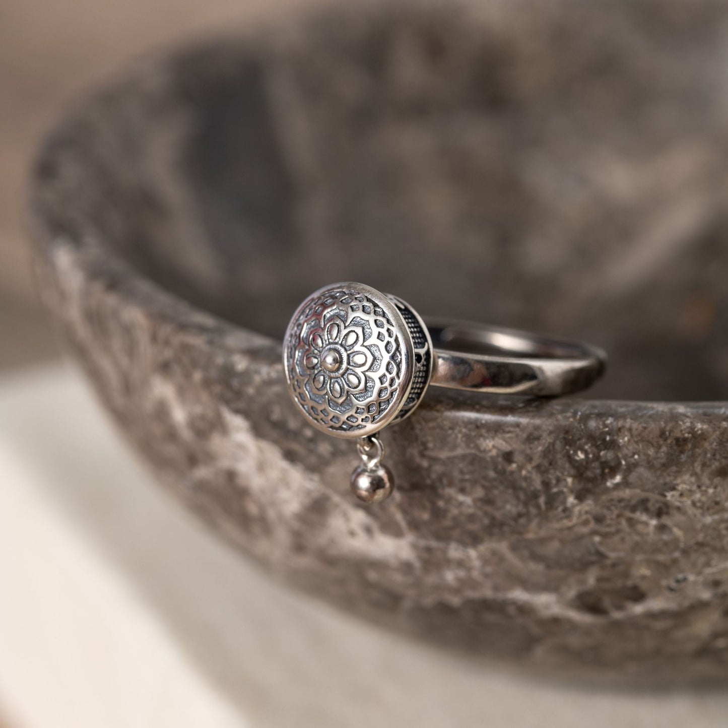 Tibetischer Lotusring – 925er Sterlingsilber – Gebetsmühle – Glücksring