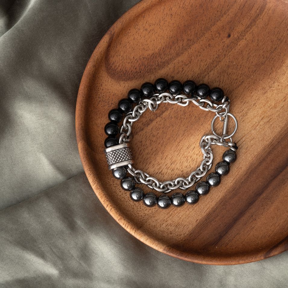 Balance-Armband – Hämatit und Onyx – Edelstahl-Gliederarmband