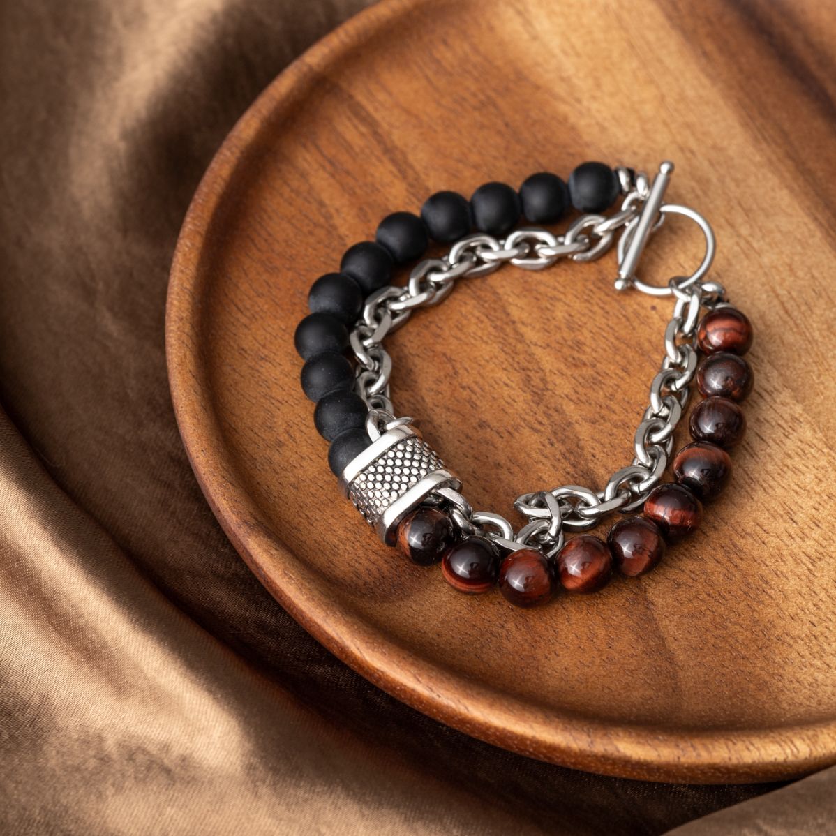 Balance-Armband – Rotes Tigerauge und Onyx – Gliederarmband aus Edelstahl