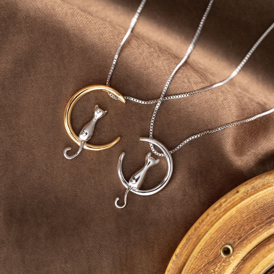 Katzenmond-Halskette – Gold und Silber – 925er Sterlingsilber – platiniert