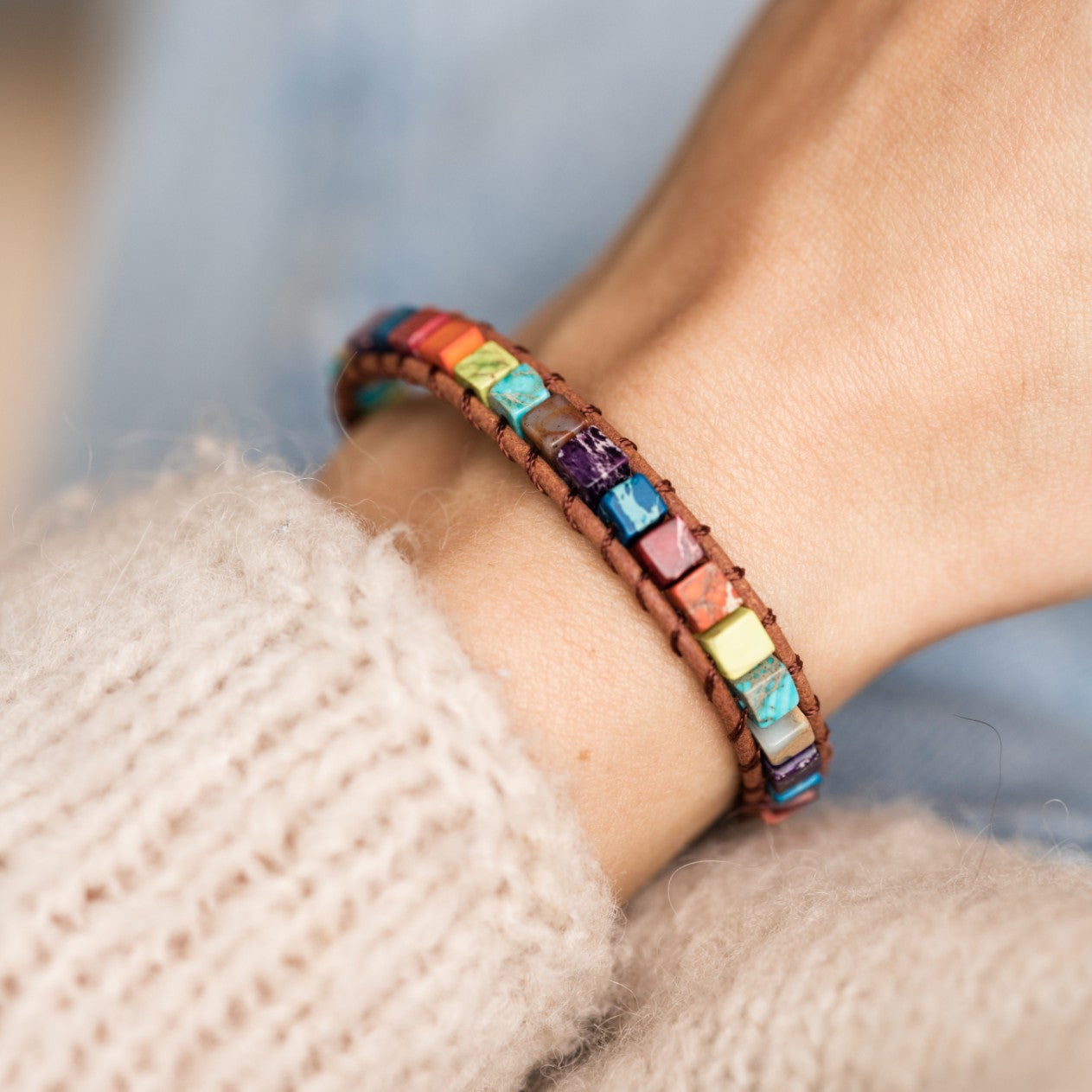 Chakra-Armband – Jaspis & Leder – Edelsteinwürfel – Glaube