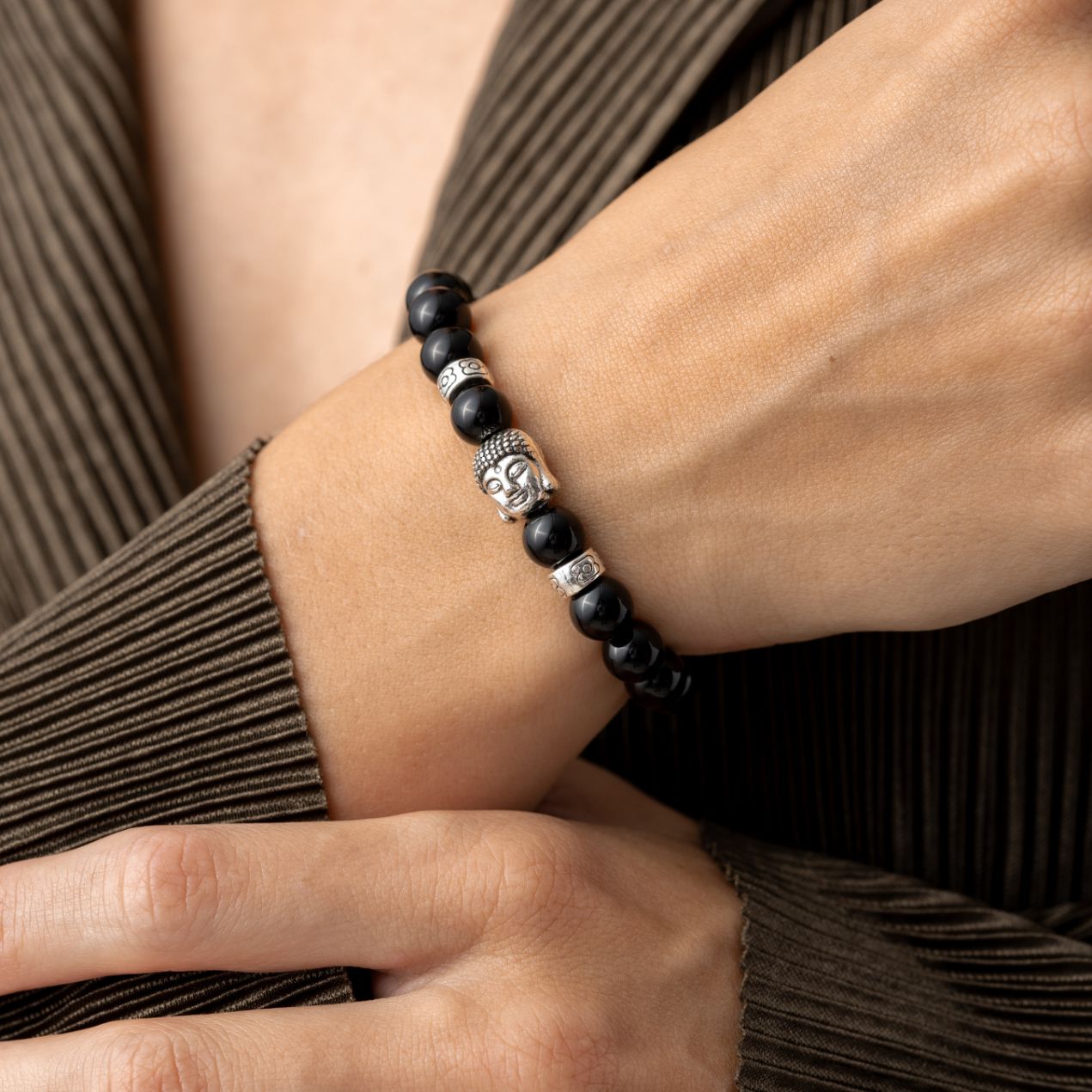 Buddha-Armband – Onyx-Edelsteine – silberfarben – Anti-Stress