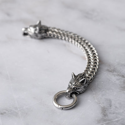 Wolf-Armband – geflochtener Edelstahl – Ringverschluss – Stärke