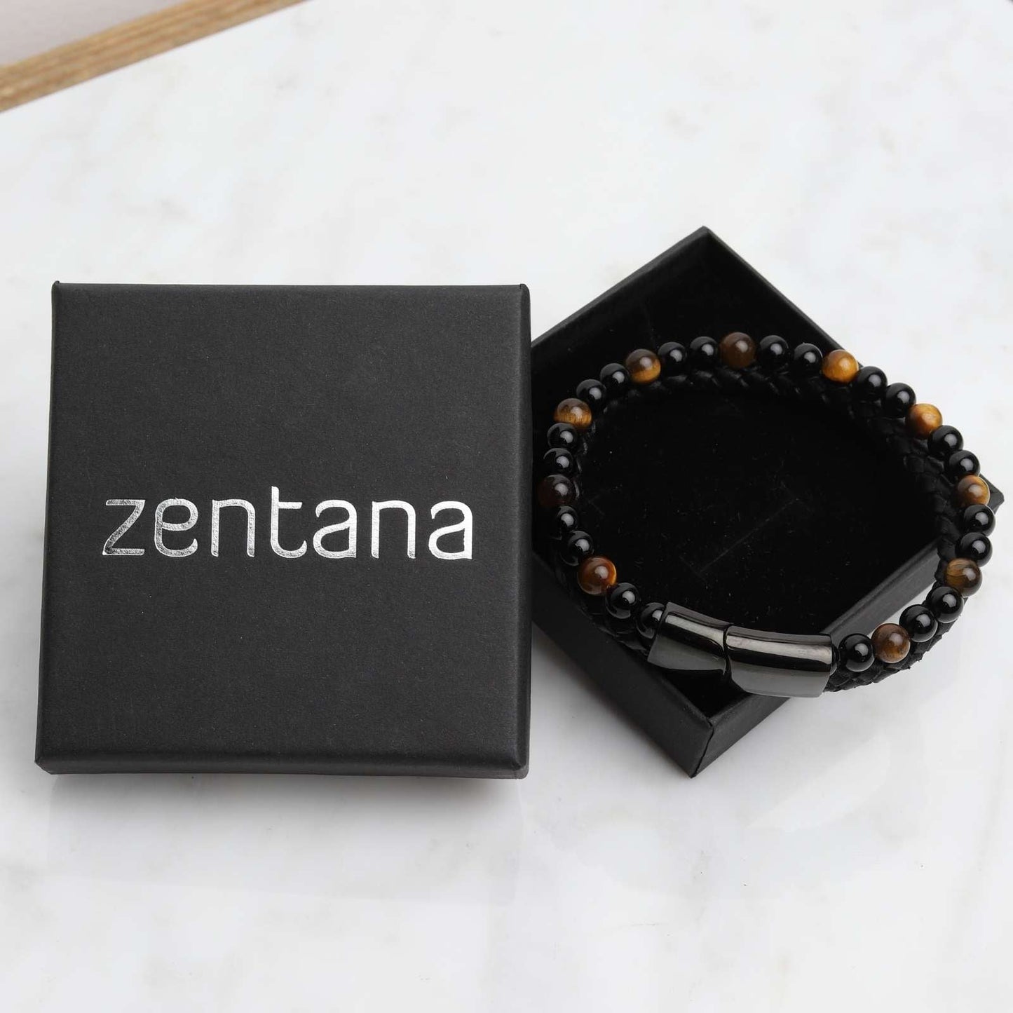 Armband doppelt – geflochtenes Leder – Tigerauge und Onyx – Edelstahlverschluss