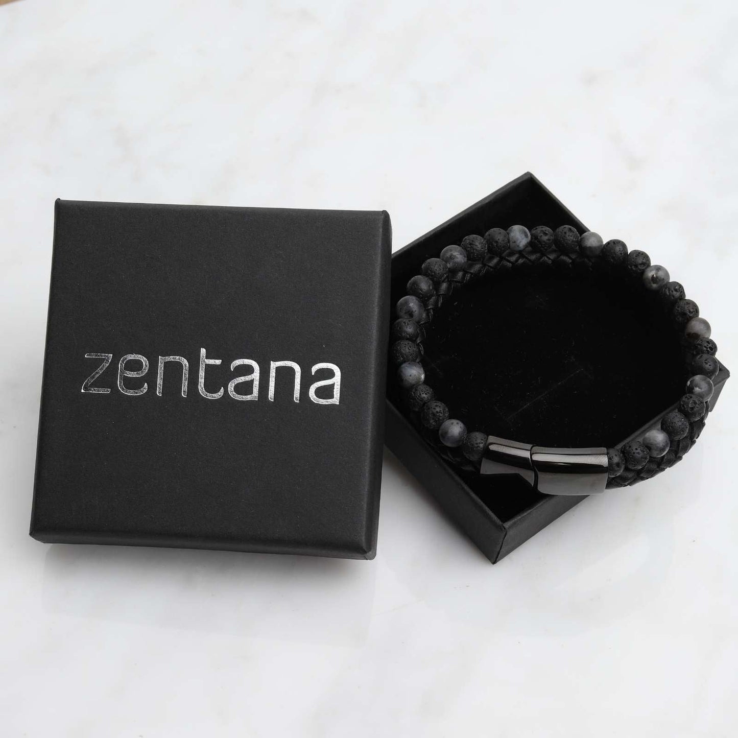 Doppeltes Armband – geflochtenes Leder – Labradorit und Lavastein – Edelstahlverschluss