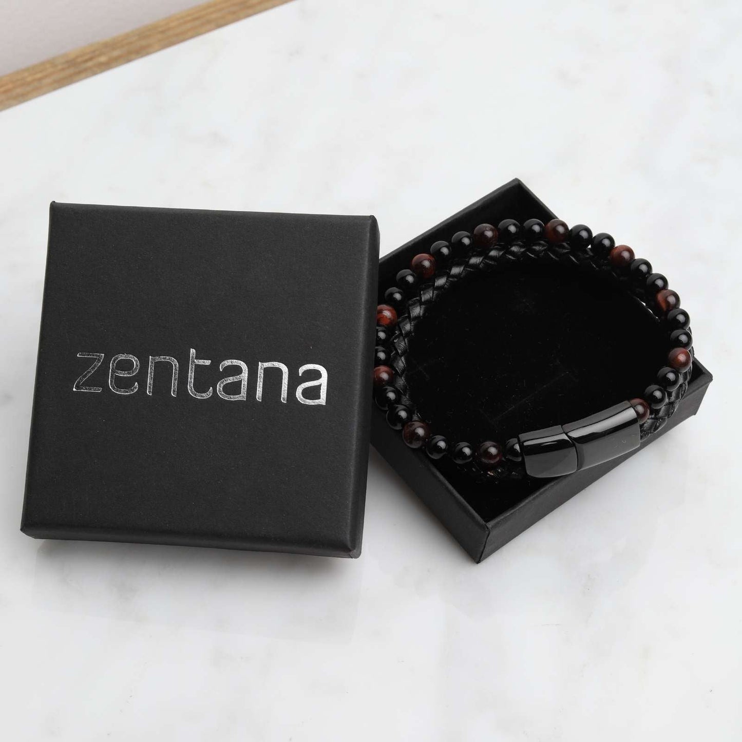 Doppeltes Armband – geflochtenes Leder – rotes Tigerauge und Onyx – Edelstahlverschluss