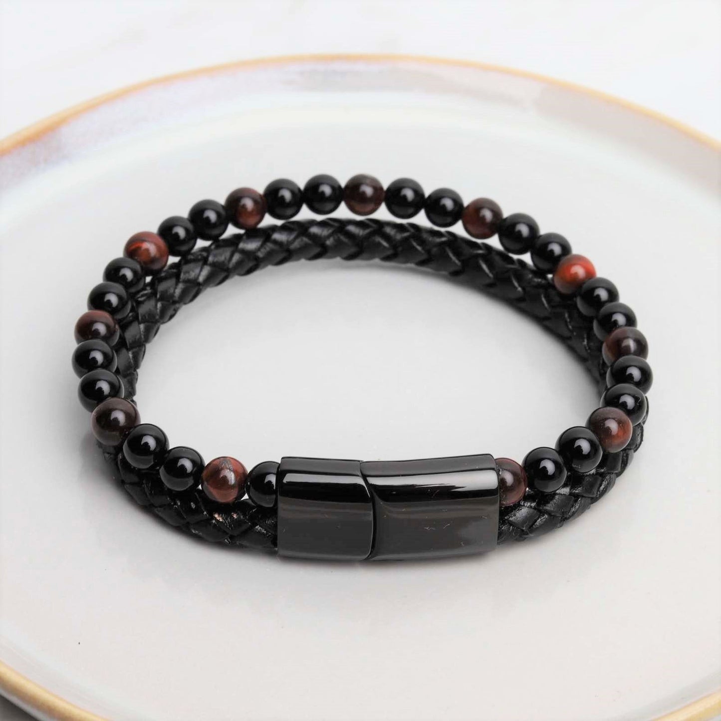 Doppeltes Armband – geflochtenes Leder – rotes Tigerauge und Onyx – Edelstahlverschluss