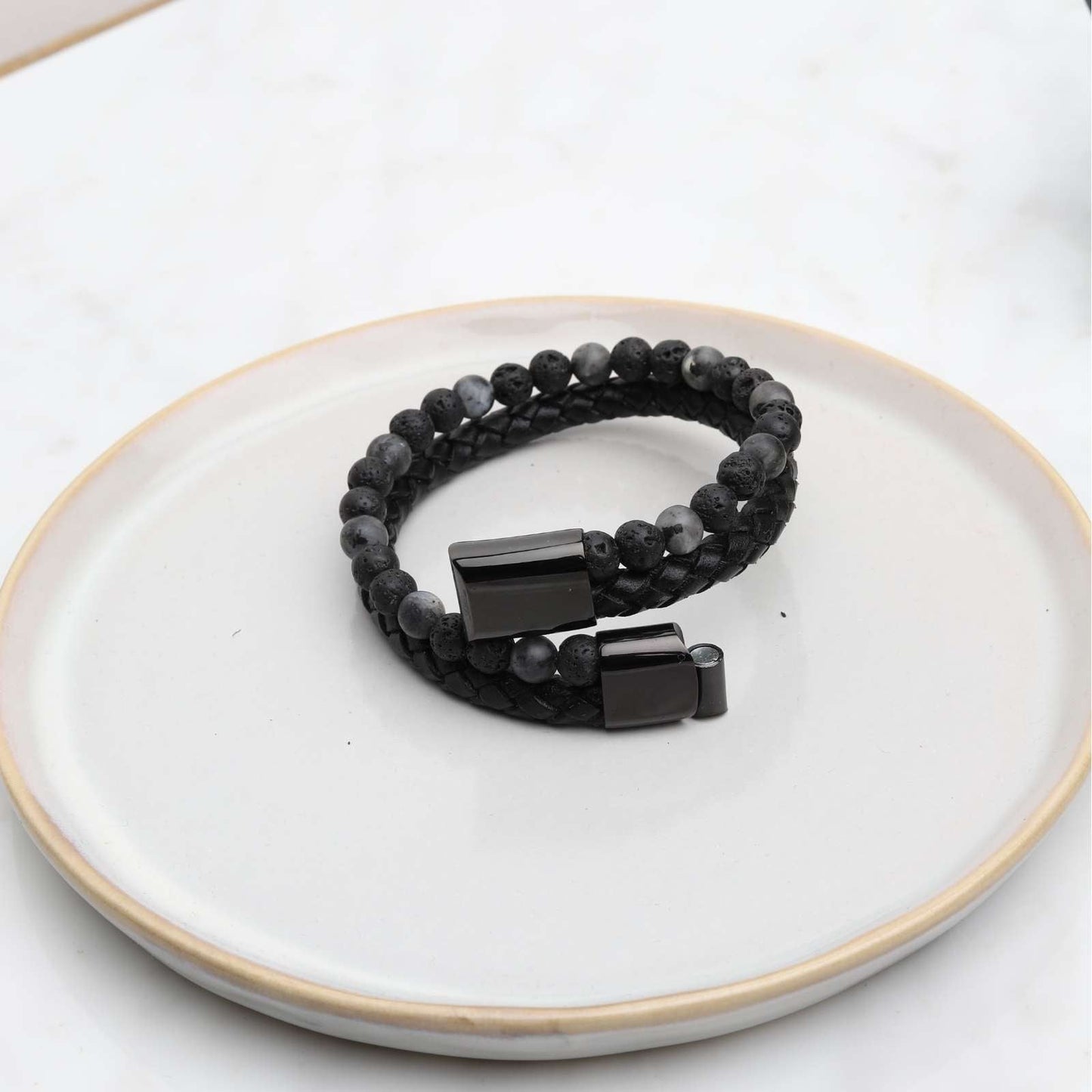 Doppeltes Armband – geflochtenes Leder – Labradorit und Lavastein – Edelstahlverschluss