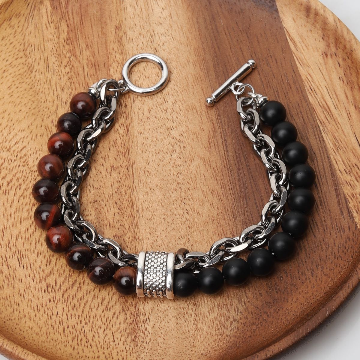 Balance-Armband – Rotes Tigerauge und Onyx – Gliederarmband aus Edelstahl
