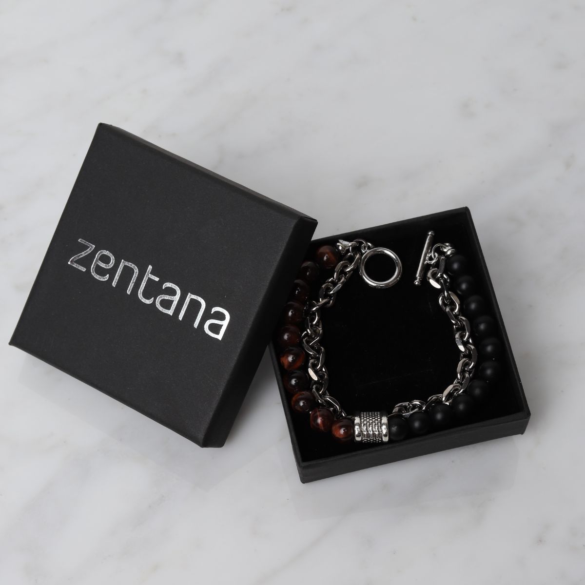 Balance-Armband – Rotes Tigerauge und Onyx – Gliederarmband aus Edelstahl