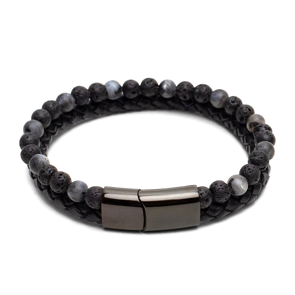 Doppeltes Armband – geflochtenes Leder – Labradorit und Lavastein – Edelstahlverschluss