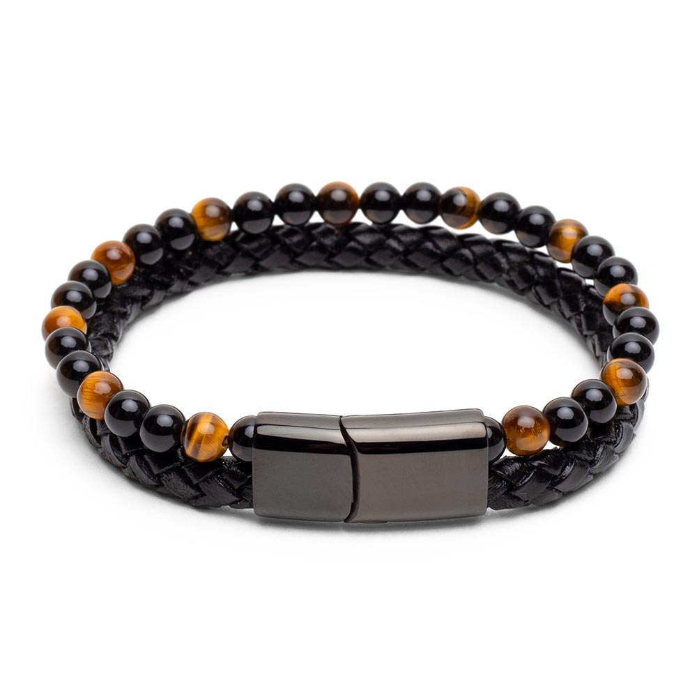 Armband doppelt – geflochtenes Leder – Tigerauge und Onyx – Edelstahlverschluss