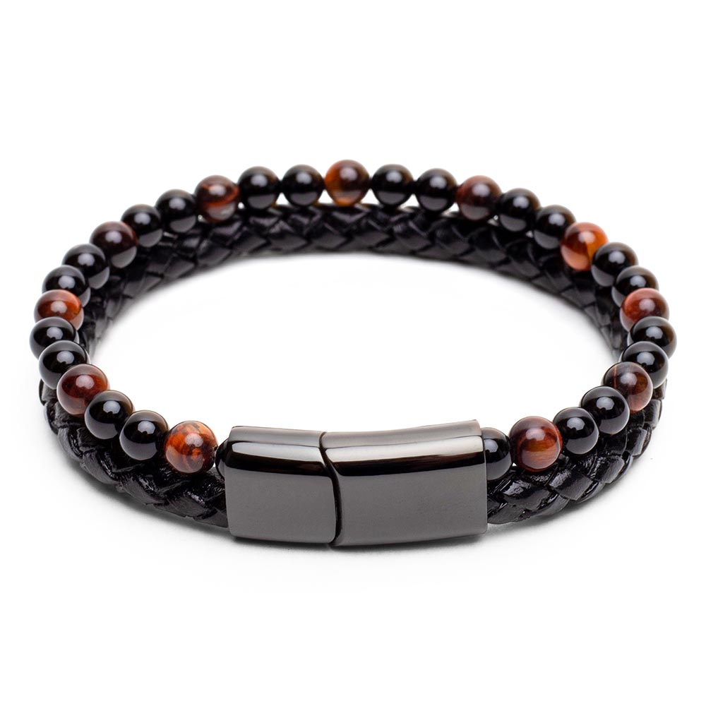 Doppeltes Armband – geflochtenes Leder – rotes Tigerauge und Onyx – Edelstahlverschluss