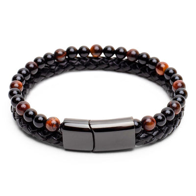 Doppeltes Armband – geflochtenes Leder – rotes Tigerauge und Onyx – Edelstahlverschluss