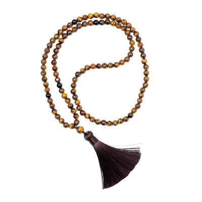 Tibetische Mala-Halskette – Tigerauge und Onyx – Quaste