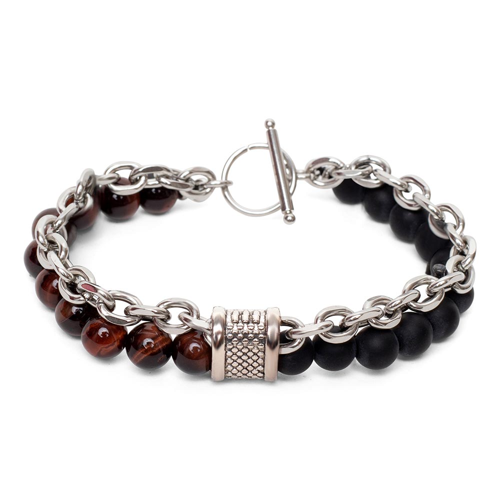 Balance-Armband – Rotes Tigerauge und Onyx – Gliederarmband aus Edelstahl