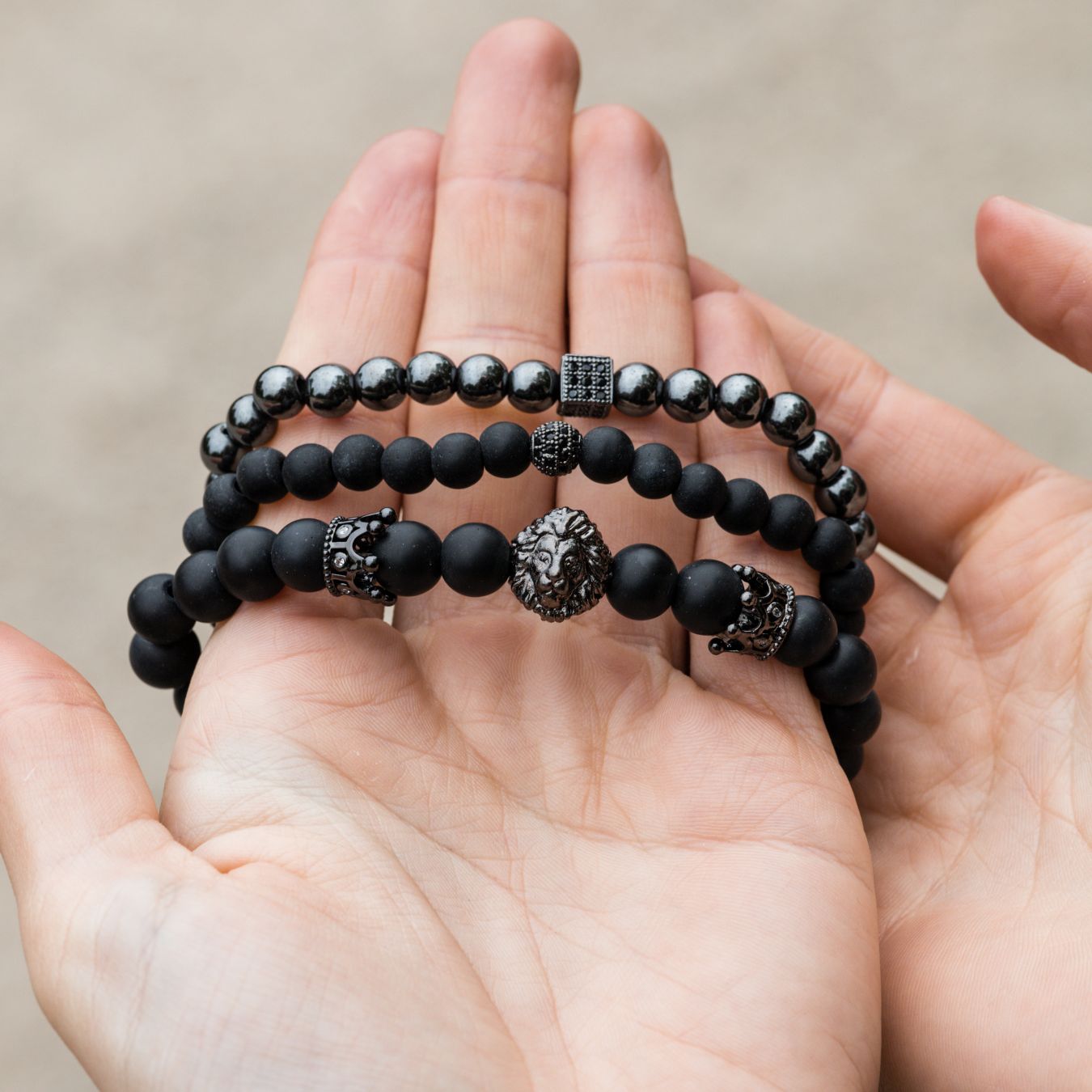 3er-Set – Balance-Armbänder – Onyx und Hämatit – Löwe