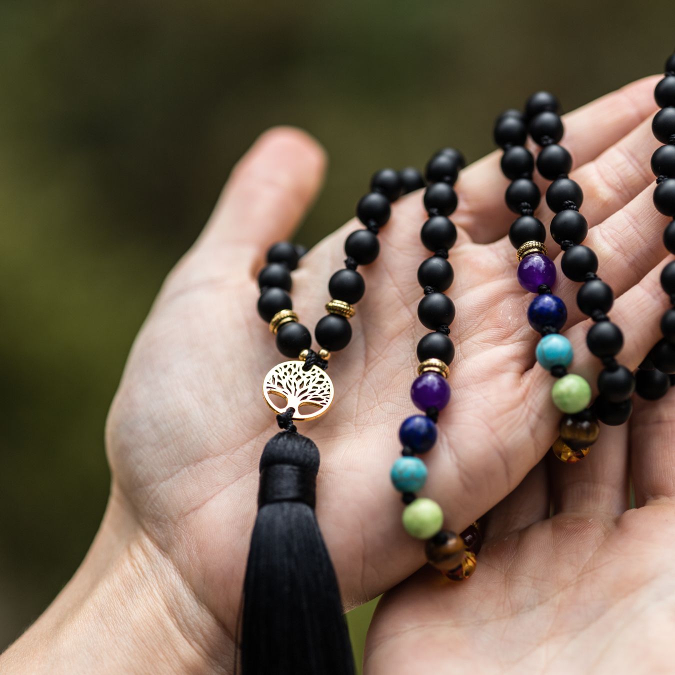 Chakra Mala – Mattierter Onyx – Baum des Lebens Quaste – Balance