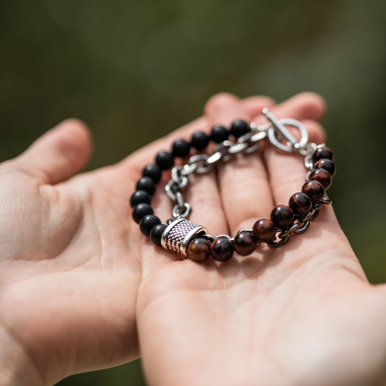Balance-Armband – Rotes Tigerauge und Onyx – Gliederarmband aus Edelstahl