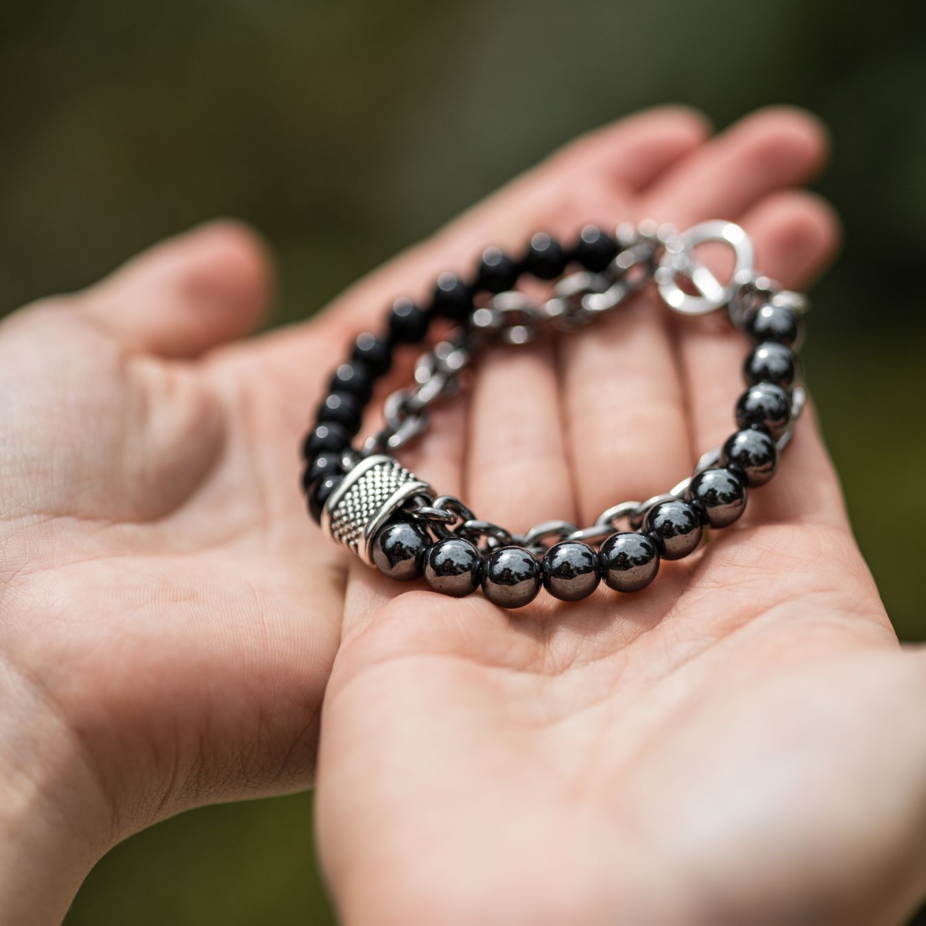 Balance-Armband – Hämatit und Onyx – Edelstahl-Gliederarmband