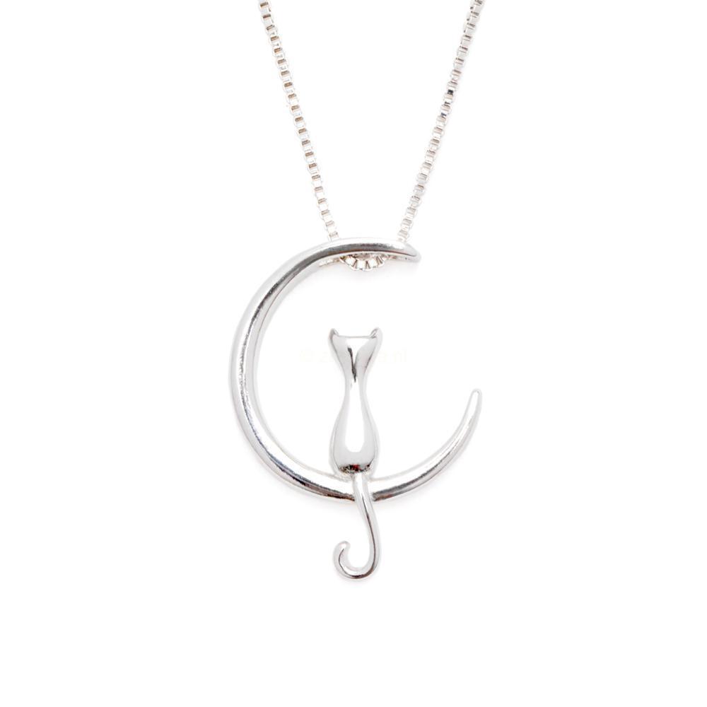 Kat Maan Ketting - 30% Zilver - 2 Stijlen-Ketting-Zilver-Zentana