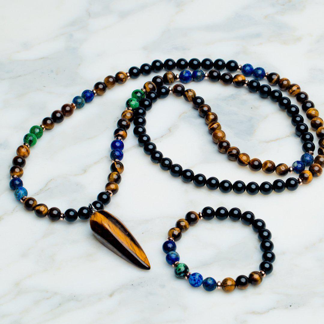Set van 2 - Mala + Armband - Handgemaakte Ketting & Armband - Tijgeroog - Intuïtie-Mala ketting + armband-Zentana