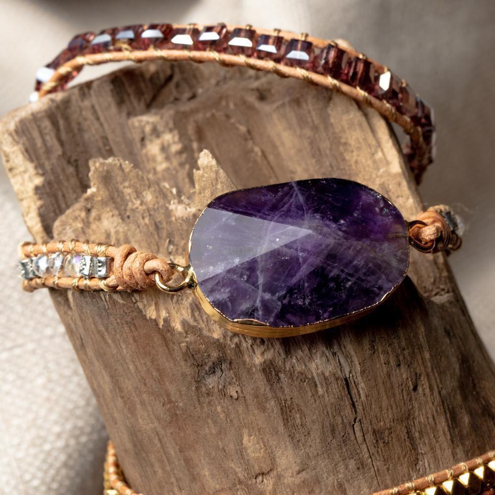 Wikkelarmband - Amethist & Leer - Grof Geslepen - Inzicht-Wikkelarmband amethist-Zentana