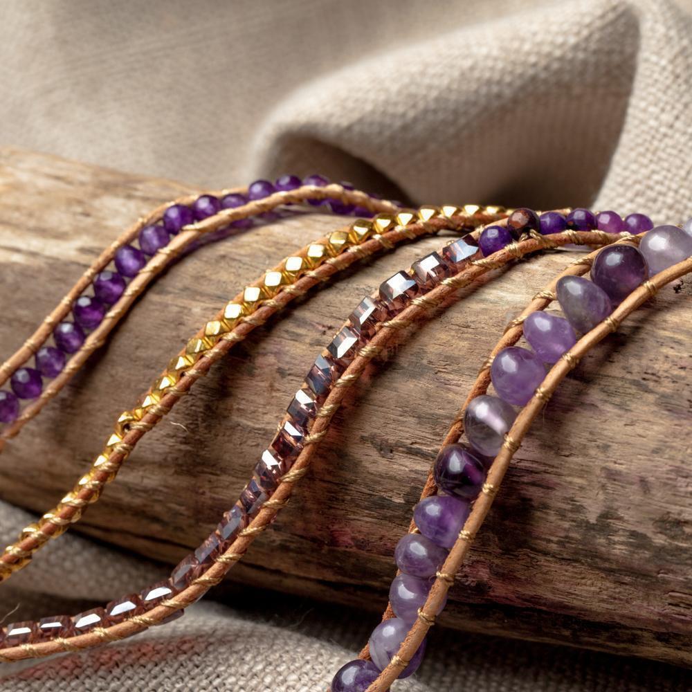 Wikkelarmband - Amethist & Leer - Grof Geslepen - Inzicht-Wikkelarmband amethist-Zentana