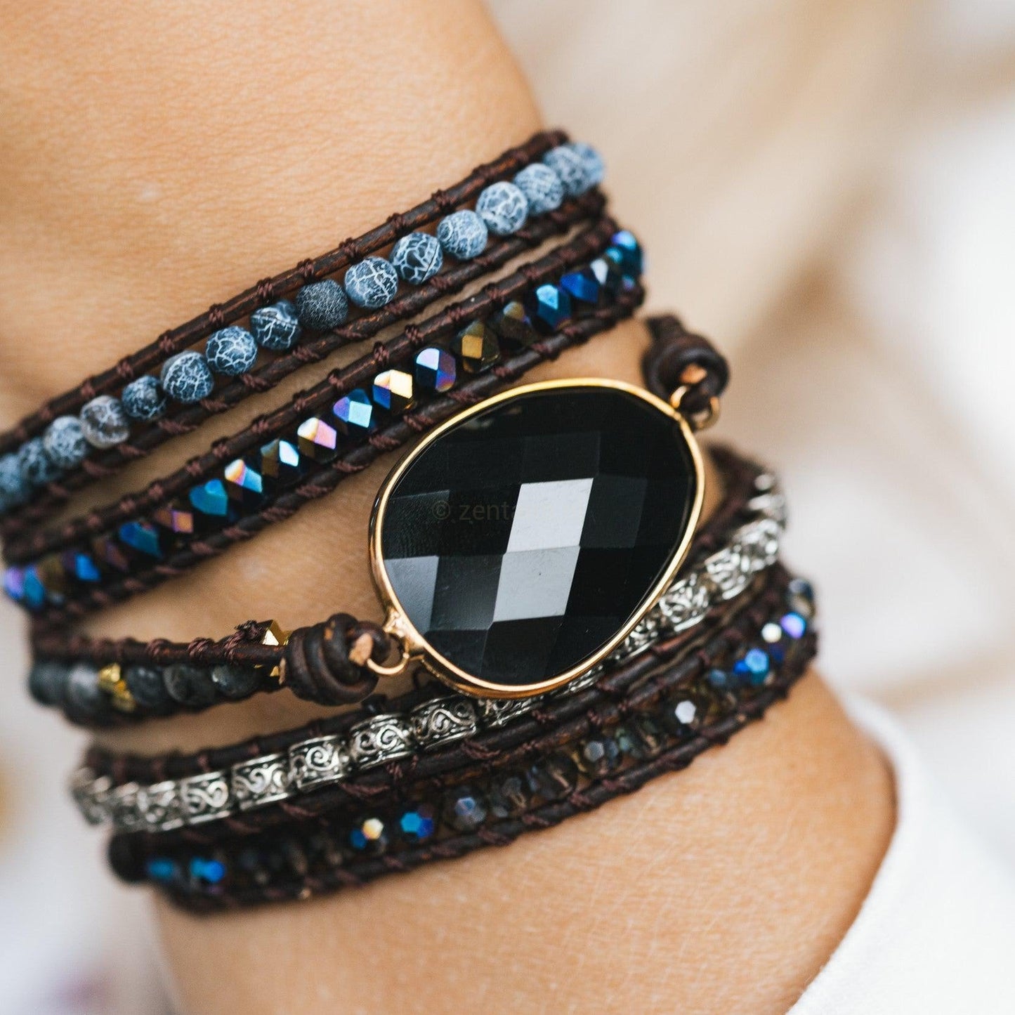 Wikkelarmband Onyx & Frosted Agaat - Grof Geslepen - Focus-Onyx wikkelarmband-Zentana