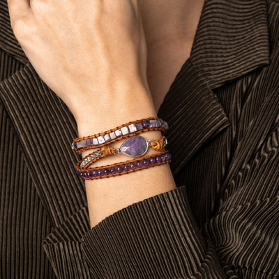 Wickelarmband Amethyst - Violett - Lebensbaum - Leder
