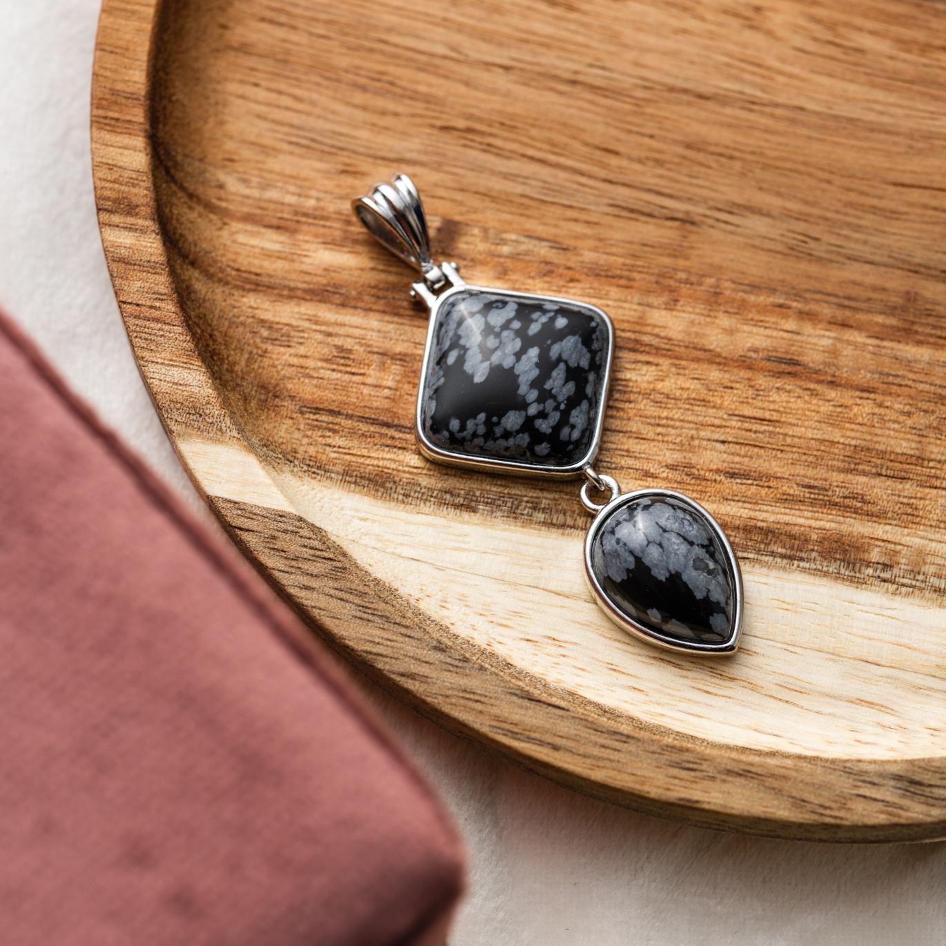 Obsidian-Anhänger – Schneeflocken-Obsidian-Doppelanhänger – Tropfen – Ehrlichkeit