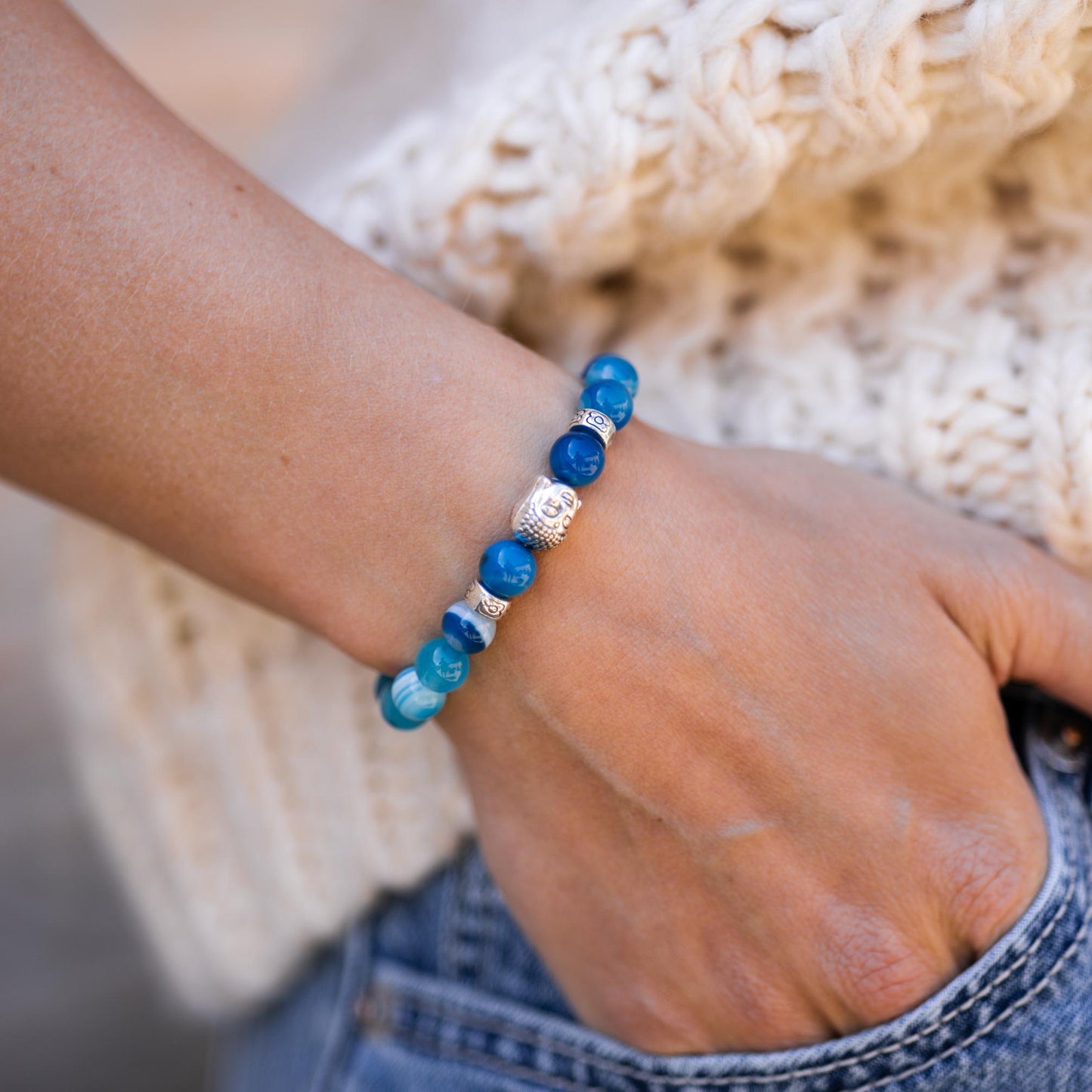 Buddha-Armband – Himmelblau – Achat – Ruhe