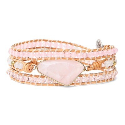 Wickelarmband Rosenquarz - Rosa - Lebensbaum - Leder