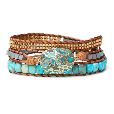 Turkis & Jaspis Wickelarmband - Gold Geperlt - Verstellbar
